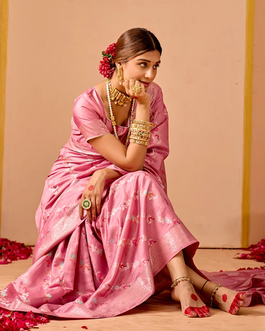 Pink Banarasi Saree with Stripe Floral Meenakari Weaves
