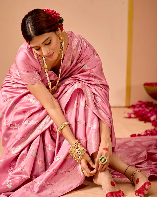 Pink Banarasi Saree with Stripe Floral Meenakari Weaves