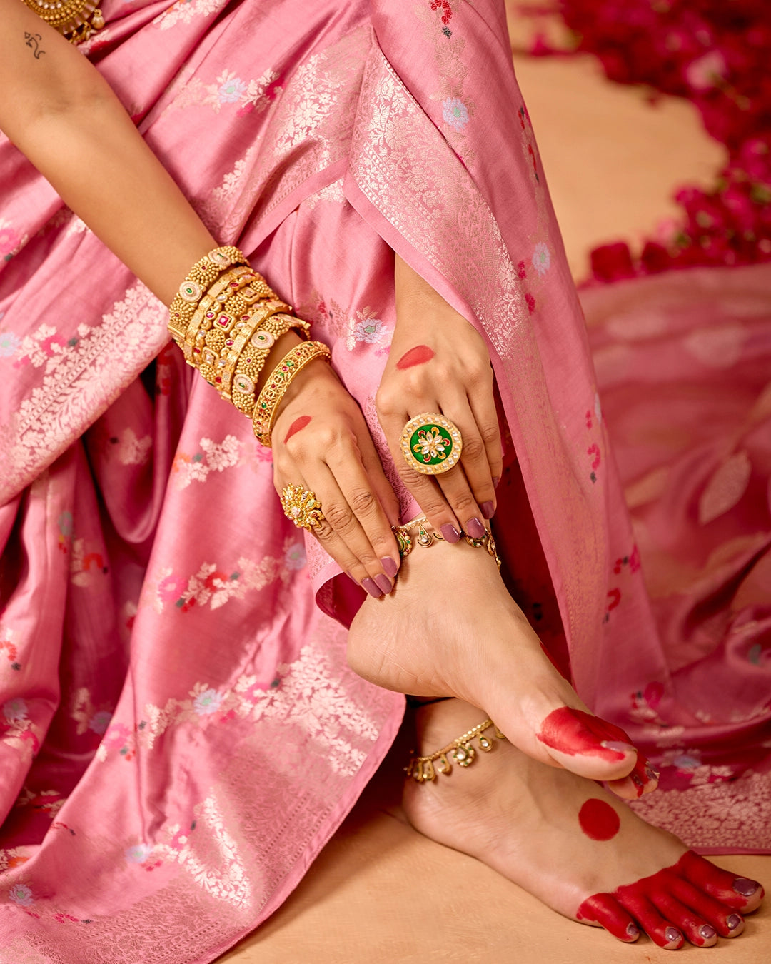 Pink Banarasi Saree with Stripe Floral Meenakari Weaves