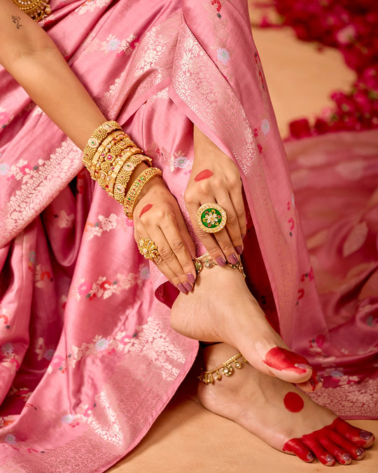 Pink Banarasi Saree with Stripe Floral Meenakari Weaves