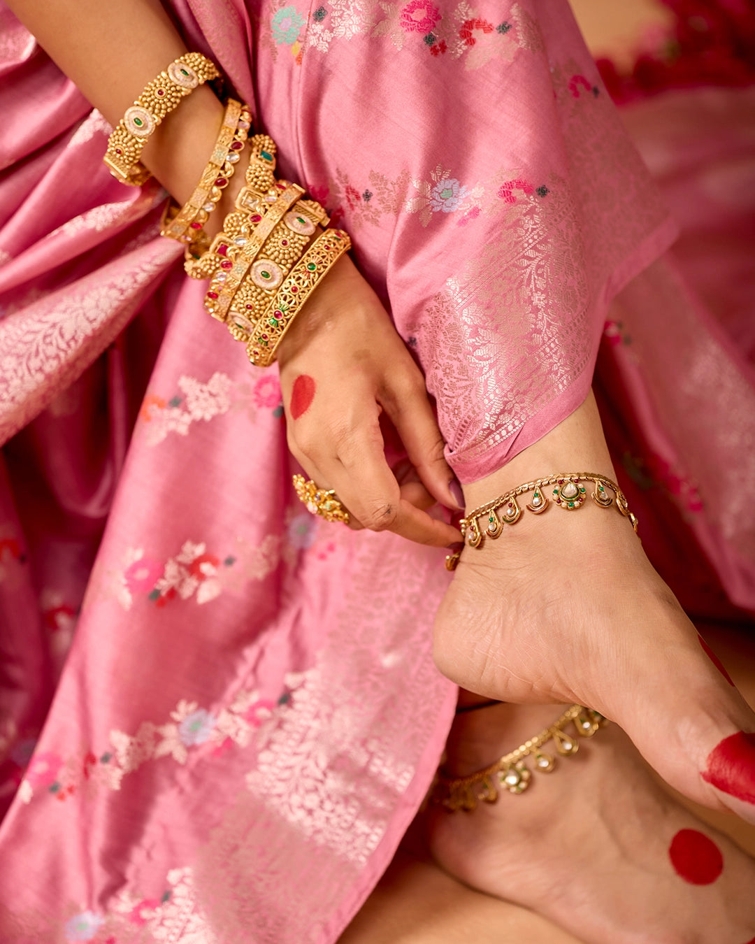 Pink Banarasi Saree with Stripe Floral Meenakari Weaves