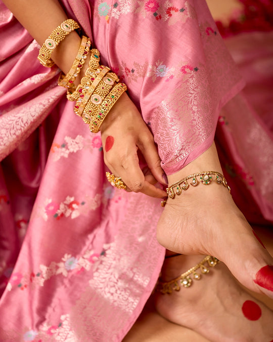 Pink Banarasi Saree with Stripe Floral Meenakari Weaves
