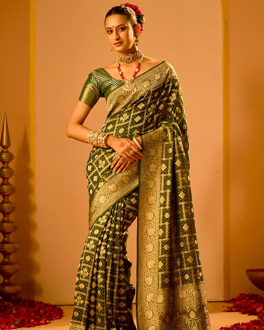 Green Khaddi Georgette Bandhej Saree with Regal Geometric Weaves