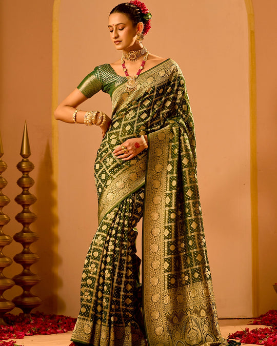 Green Khaddi Georgette Bandhej Saree with Regal Geometric Weaves