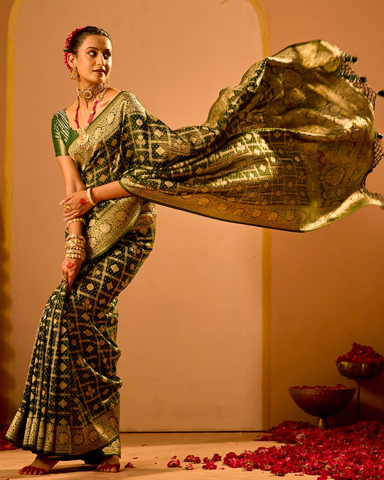 Green Khaddi Georgette Bandhej Saree with Regal Geometric Weaves