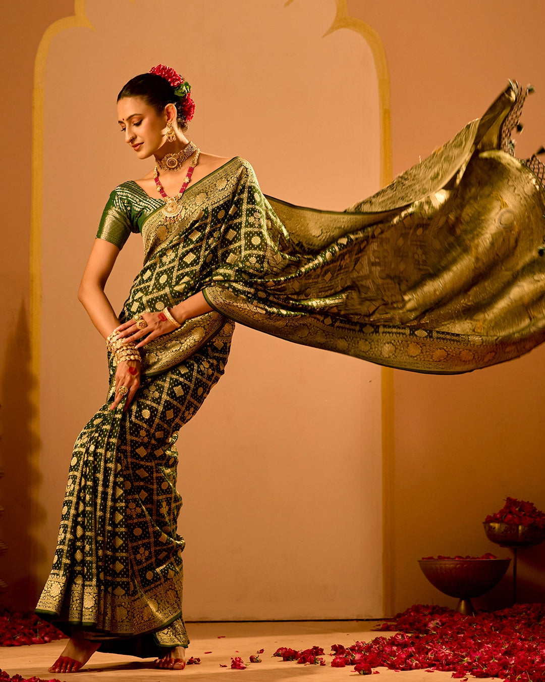 Green Khaddi Georgette Bandhej Saree with Regal Geometric Weaves