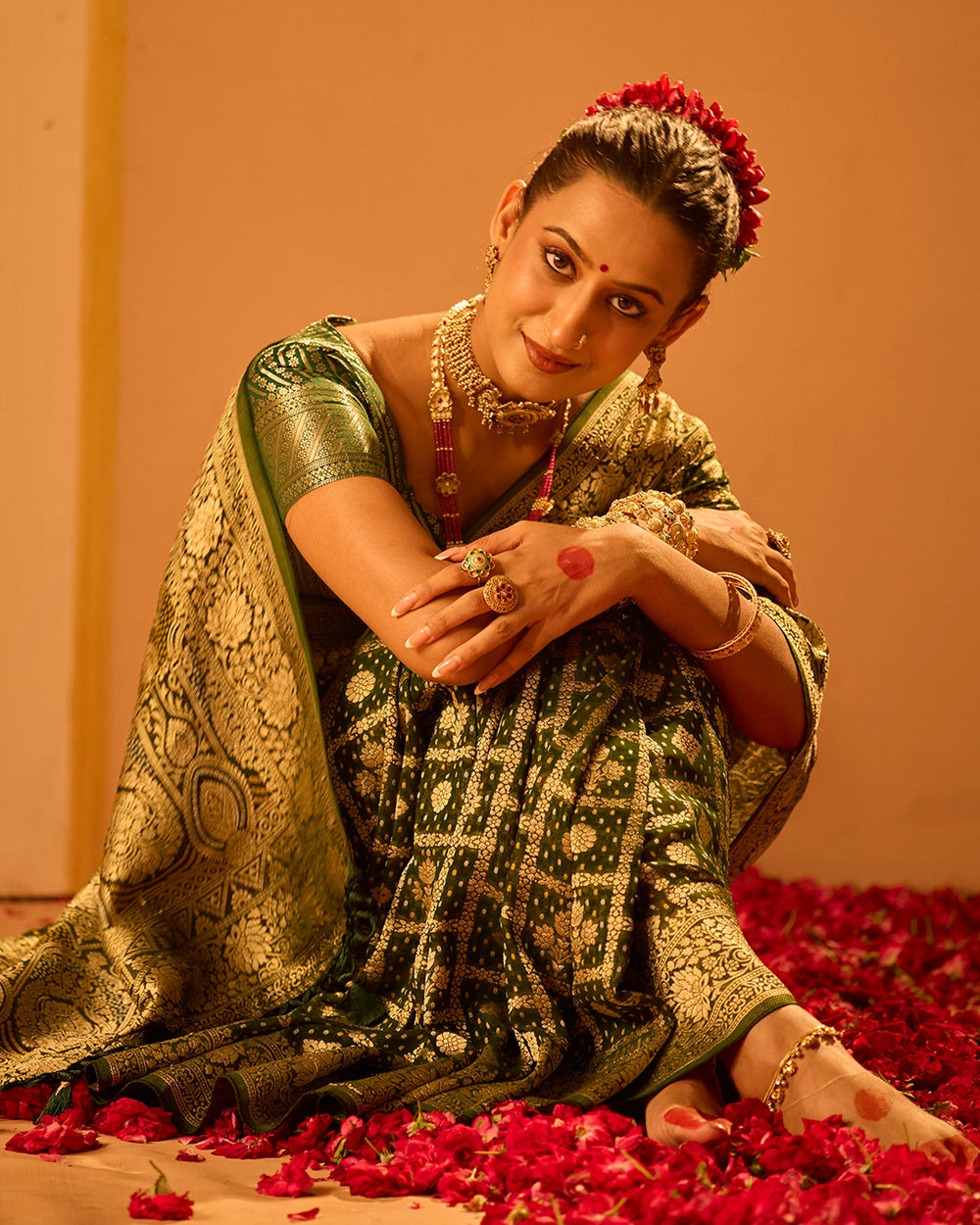 Green Khaddi Georgette Bandhej Saree with Regal Geometric Weaves