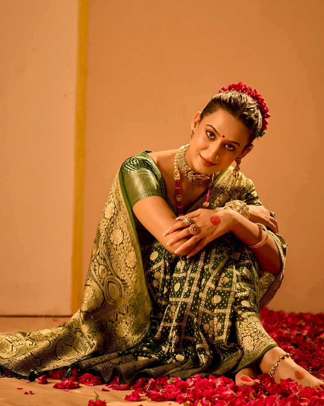 Green Khaddi Georgette Bandhej Saree with Regal Geometric Weaves