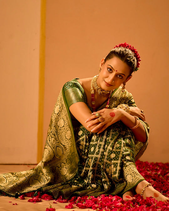 Green Khaddi Georgette Bandhej Saree with Regal Geometric Weaves