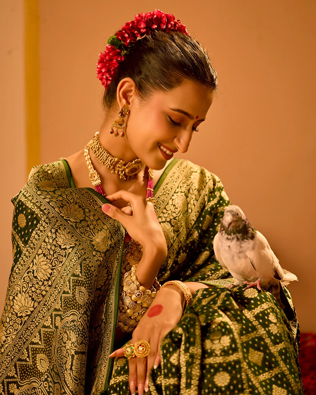 Green Khaddi Georgette Bandhej Saree with Regal Geometric Weaves