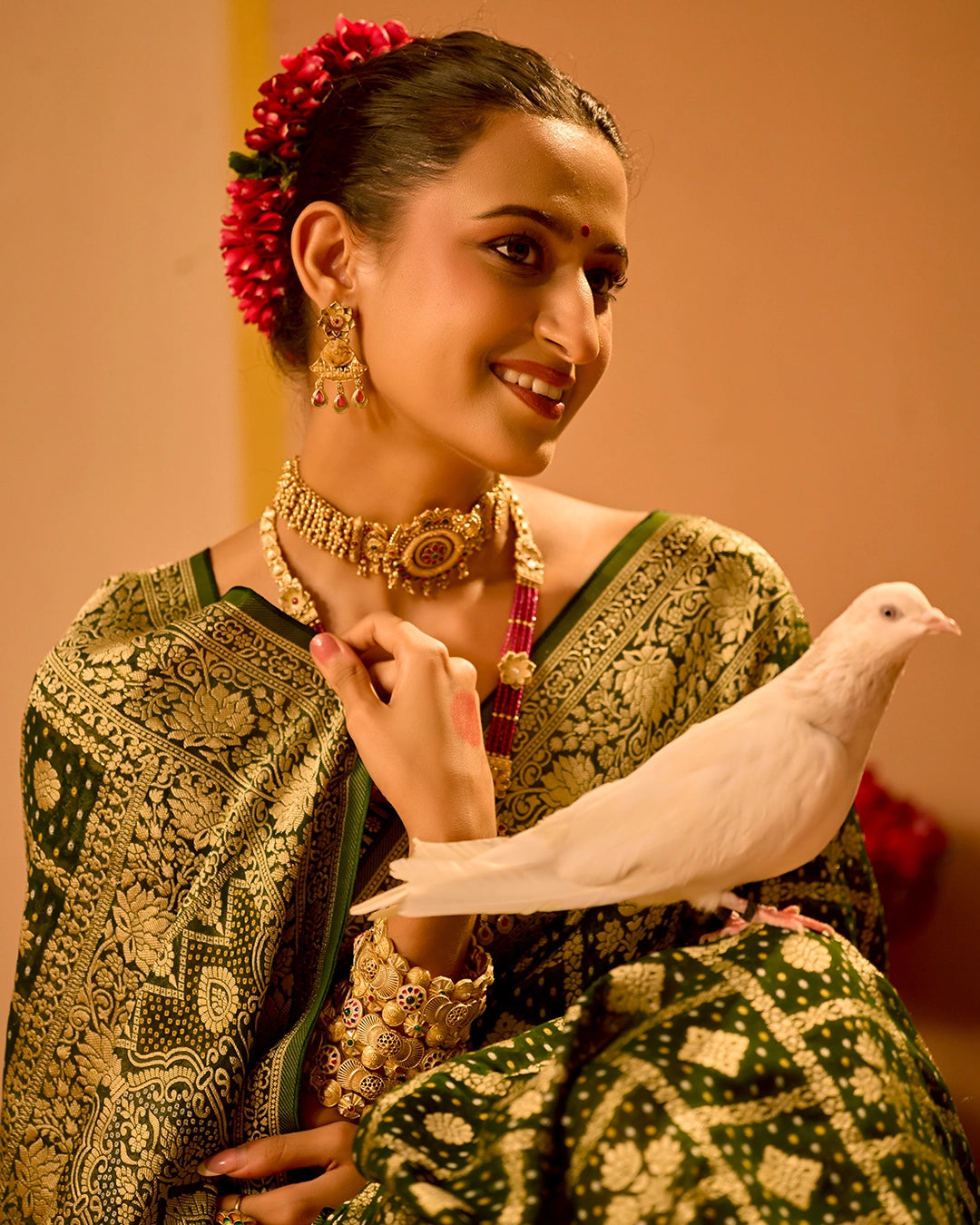 Green Khaddi Georgette Bandhej Saree with Regal Geometric Weaves
