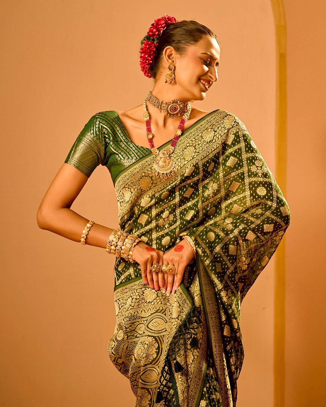 Green Khaddi Georgette Bandhej Saree with Regal Geometric Weaves