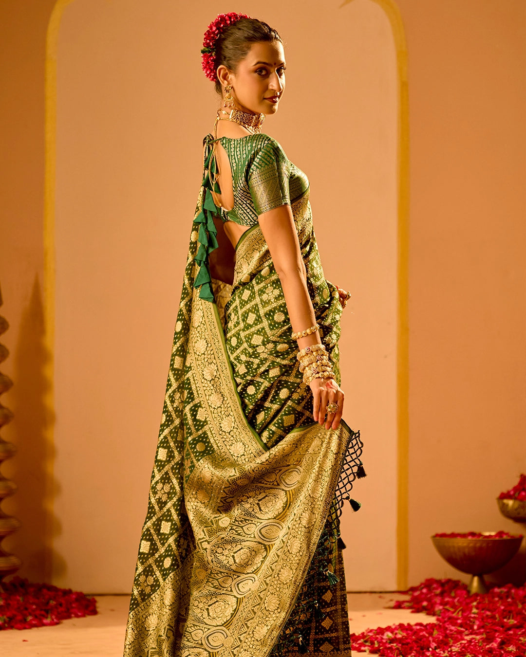 Green Khaddi Georgette Bandhej Saree with Regal Geometric Weaves