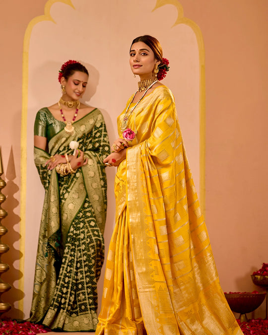 Green Khaddi Georgette Bandhej Saree with Regal Geometric Weaves