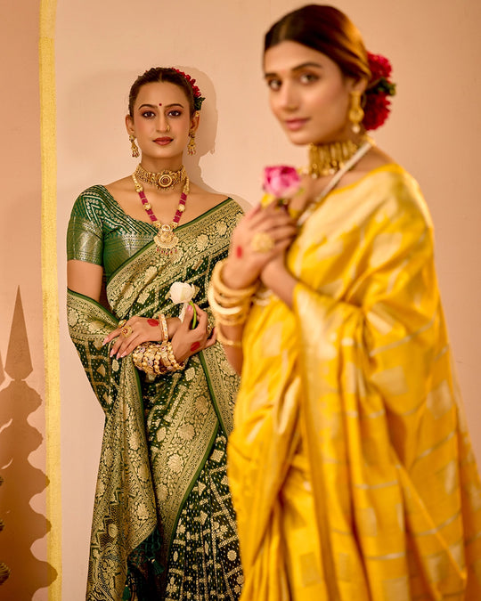 Green Khaddi Georgette Bandhej Saree with Regal Geometric Weaves