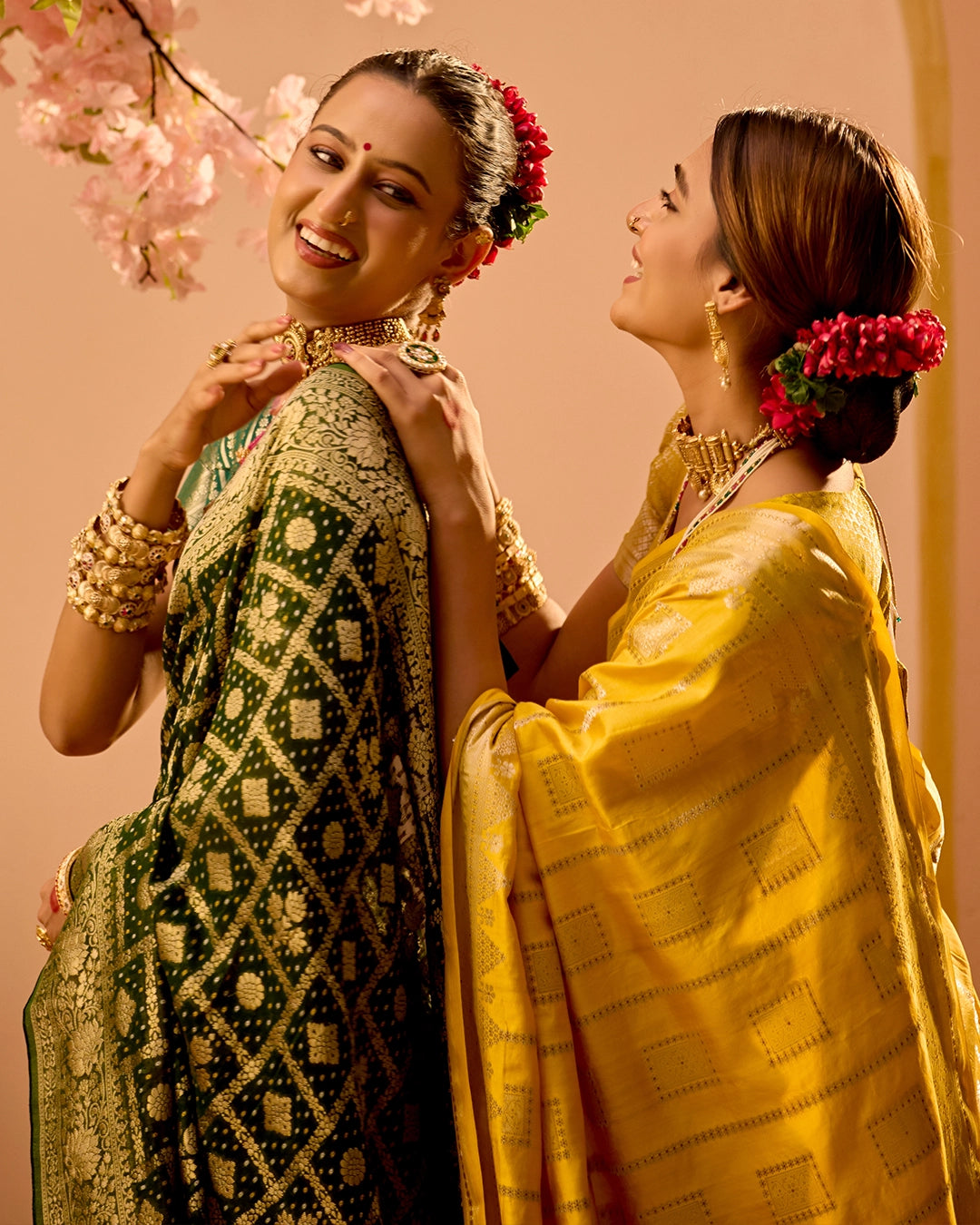 Green Khaddi Georgette Bandhej Saree with Regal Geometric Weaves