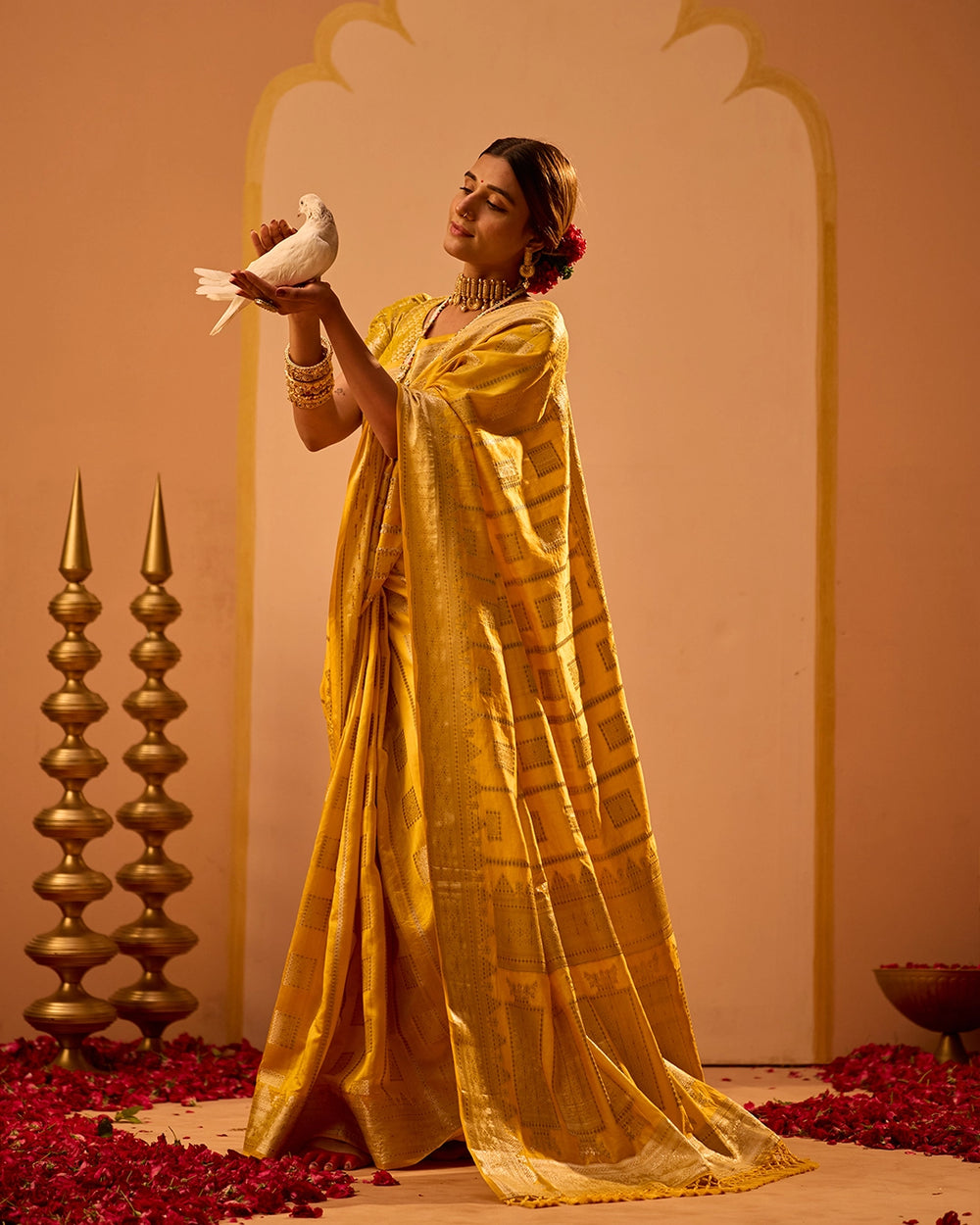 Mustard Banarasi Saree with Grand Lattice Weaves