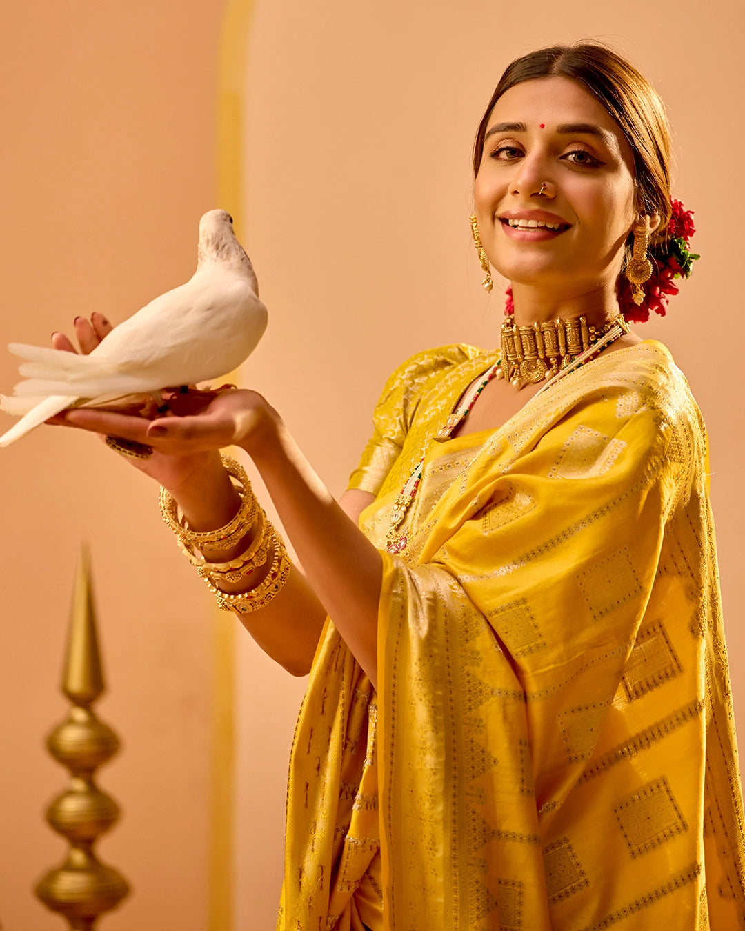 Mustard Banarasi Saree with Grand Lattice Weaves