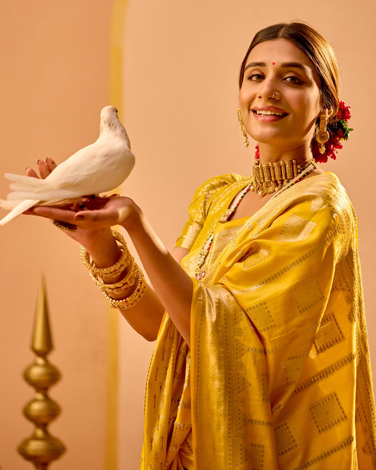 Mustard Banarasi Saree with Grand Lattice Weaves