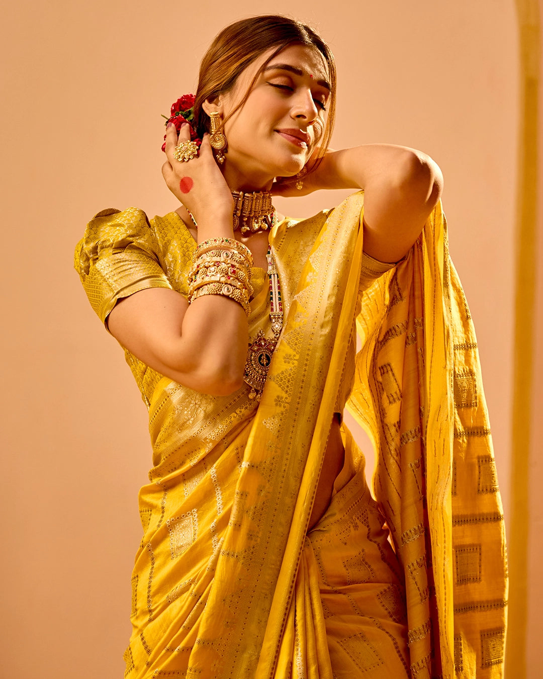 Mustard Banarasi Saree with Grand Lattice Weaves