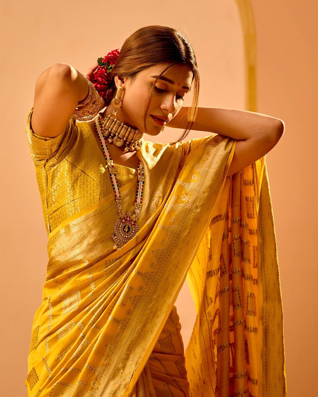 Mustard Banarasi Saree with Grand Lattice Weaves