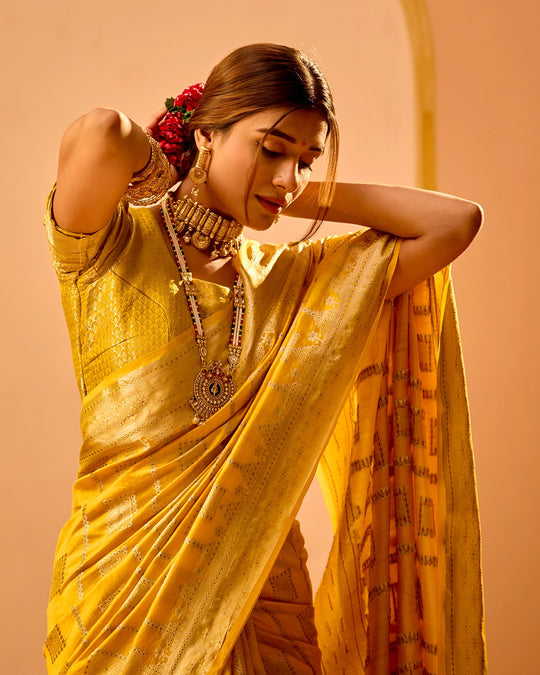 Mustard Banarasi Saree with Grand Lattice Weaves