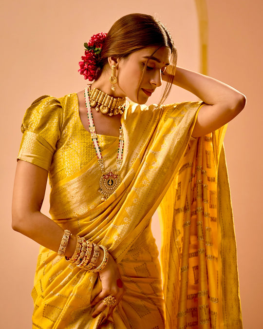 Mustard Banarasi Saree with Grand Lattice Weaves