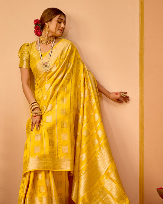 Mustard Banarasi Saree with Grand Lattice Weaves