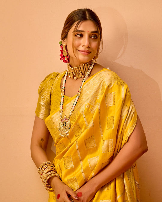 Mustard Banarasi Saree with Grand Lattice Weaves