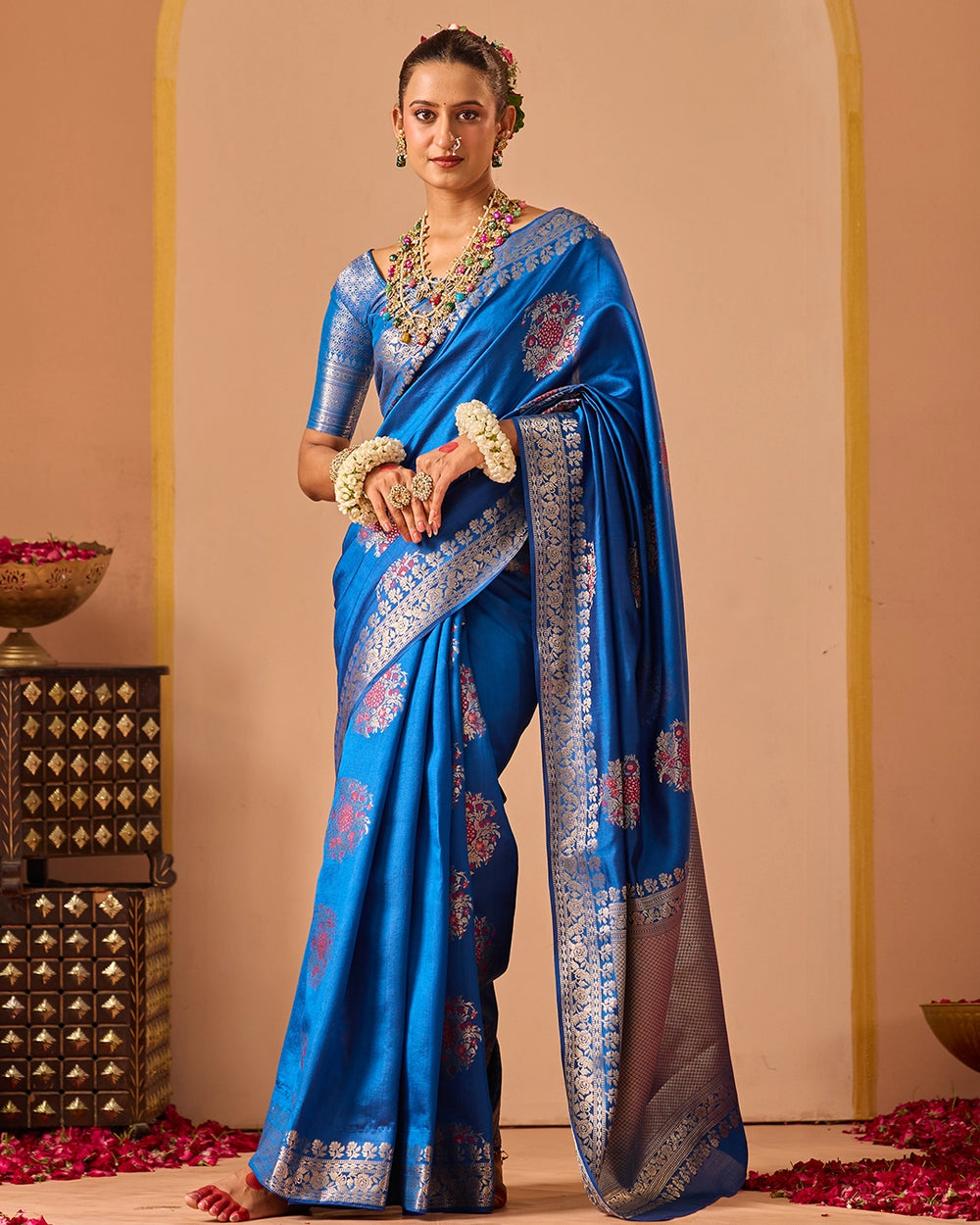 Blue Banarasi Saree with Floral Butidar Weaves