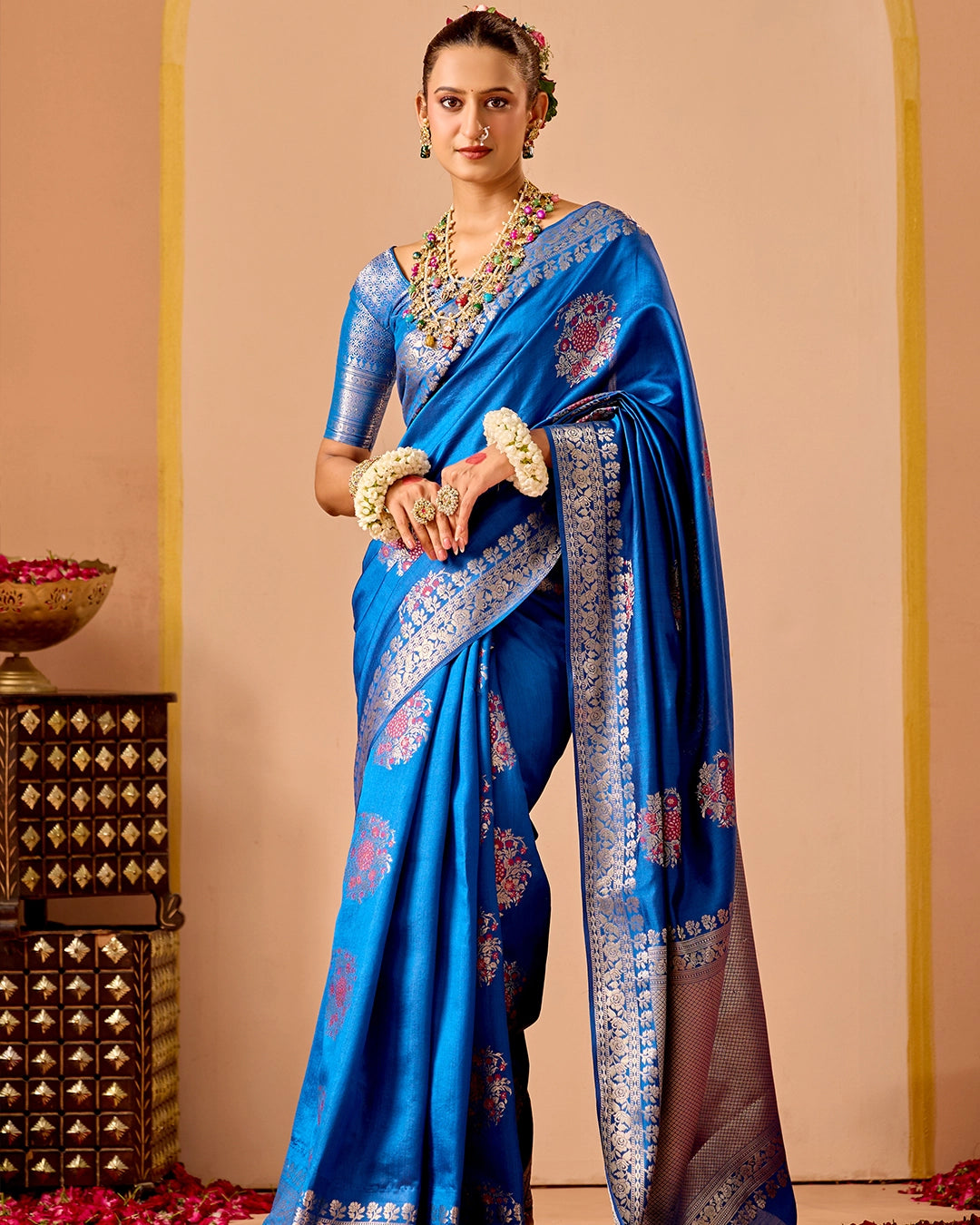 Blue Banarasi Saree with Floral Butidar Weaves
