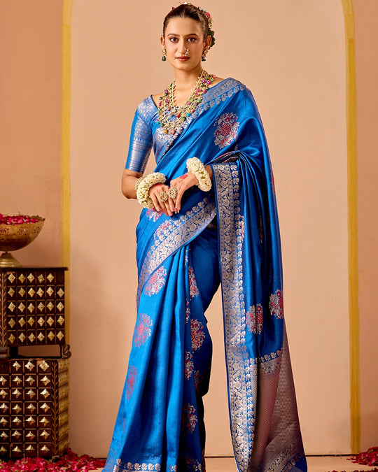 Blue Banarasi Saree with Floral Butidar Weaves