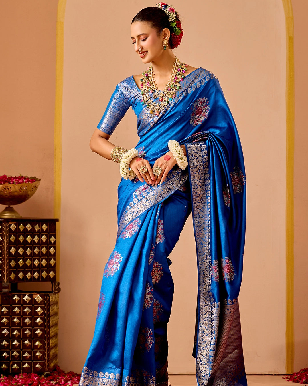 Blue Banarasi Saree with Floral Butidar Weaves