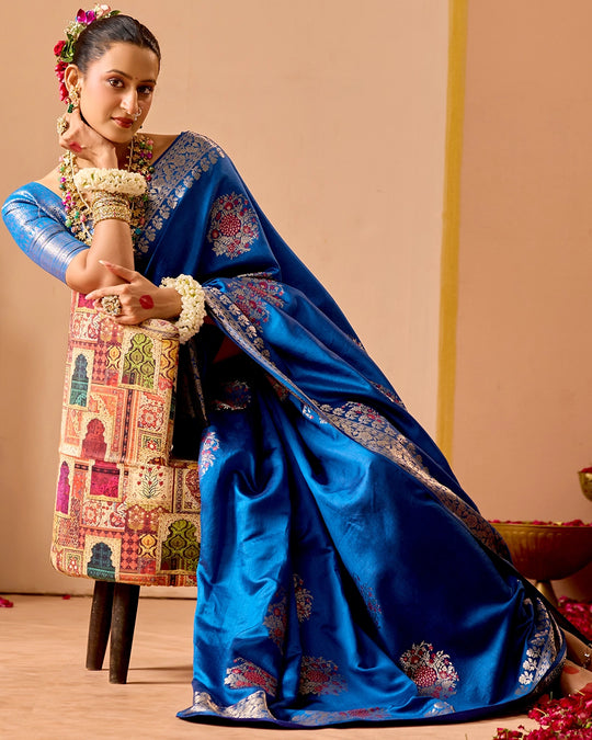 Blue Banarasi Saree with Floral Butidar Weaves