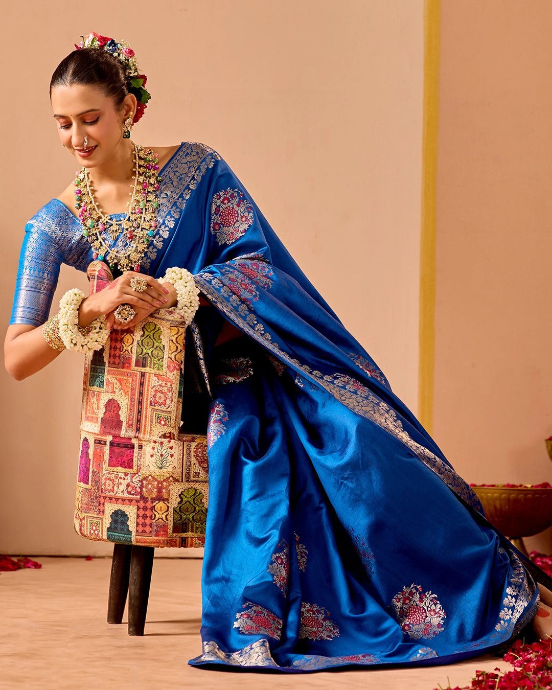 Blue Banarasi Saree with Floral Butidar Weaves