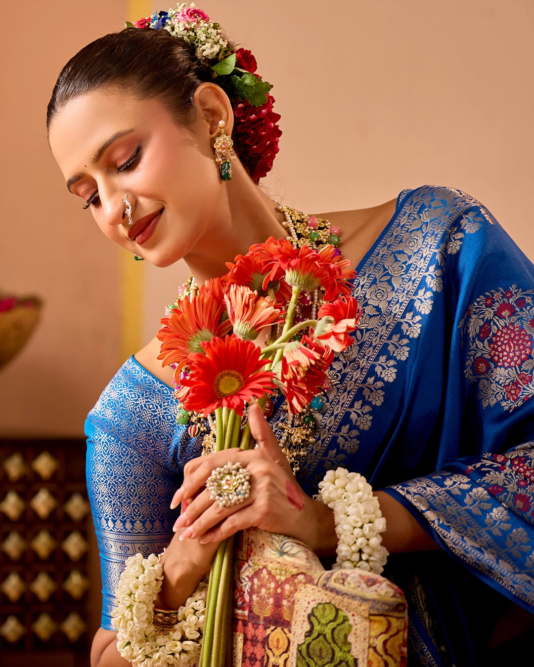Blue Banarasi Saree with Floral Butidar Weaves