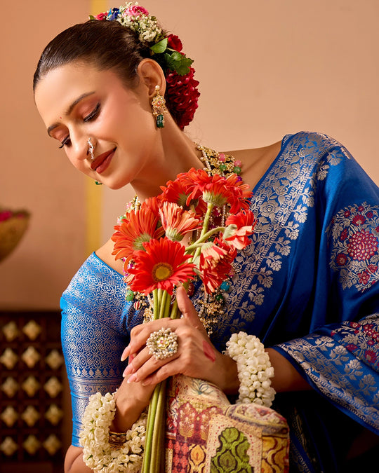 Blue Banarasi Saree with Floral Butidar Weaves
