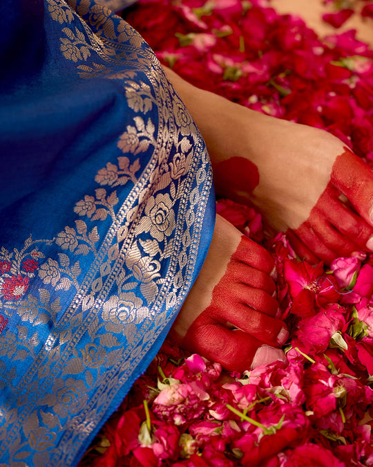 Blue Banarasi Saree with Floral Butidar Weaves