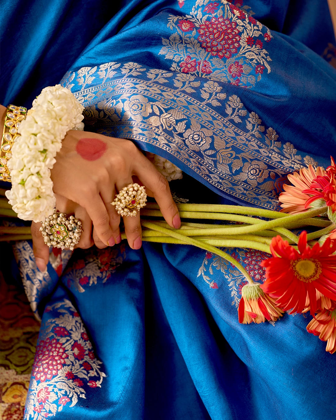 Blue Banarasi Saree with Floral Butidar Weaves
