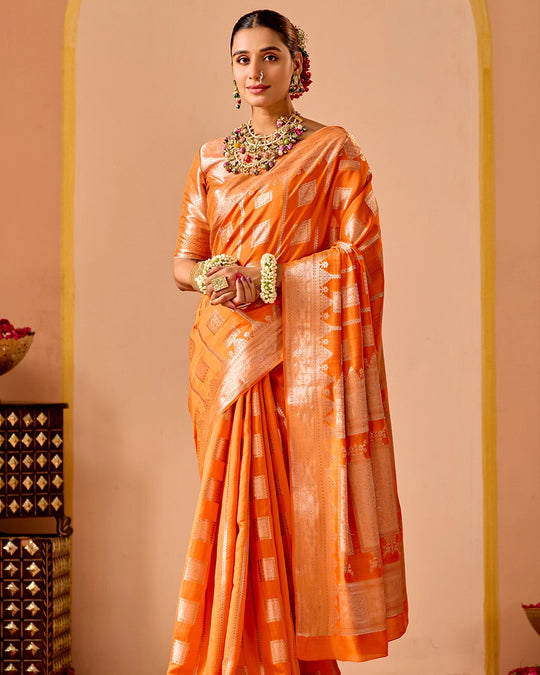 Orange Banarasi Saree with Regal Geometric Zari Weaves