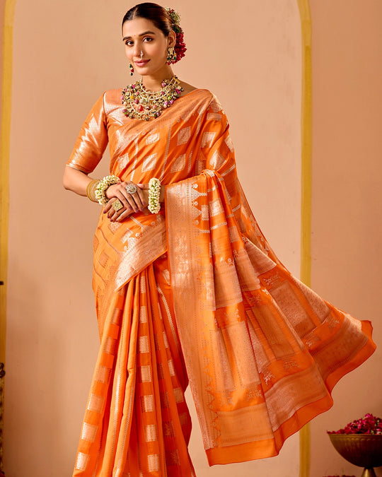 Orange Banarasi Saree with Regal Geometric Zari Weaves