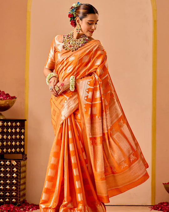 Orange Banarasi Saree with Regal Geometric Zari Weaves
