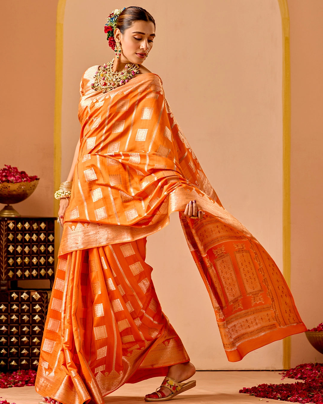Orange Banarasi Saree with Regal Geometric Zari Weaves