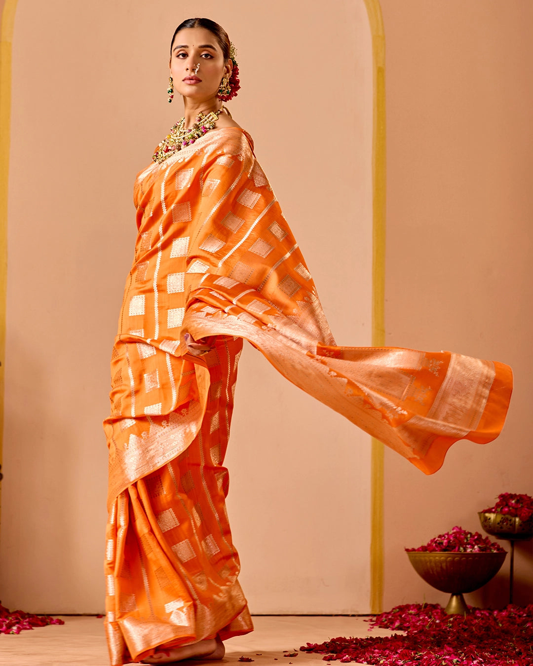 Orange Banarasi Saree with Regal Geometric Zari Weaves