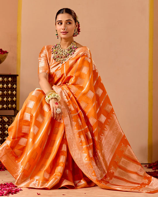 Orange Banarasi Saree with Regal Geometric Zari Weaves
