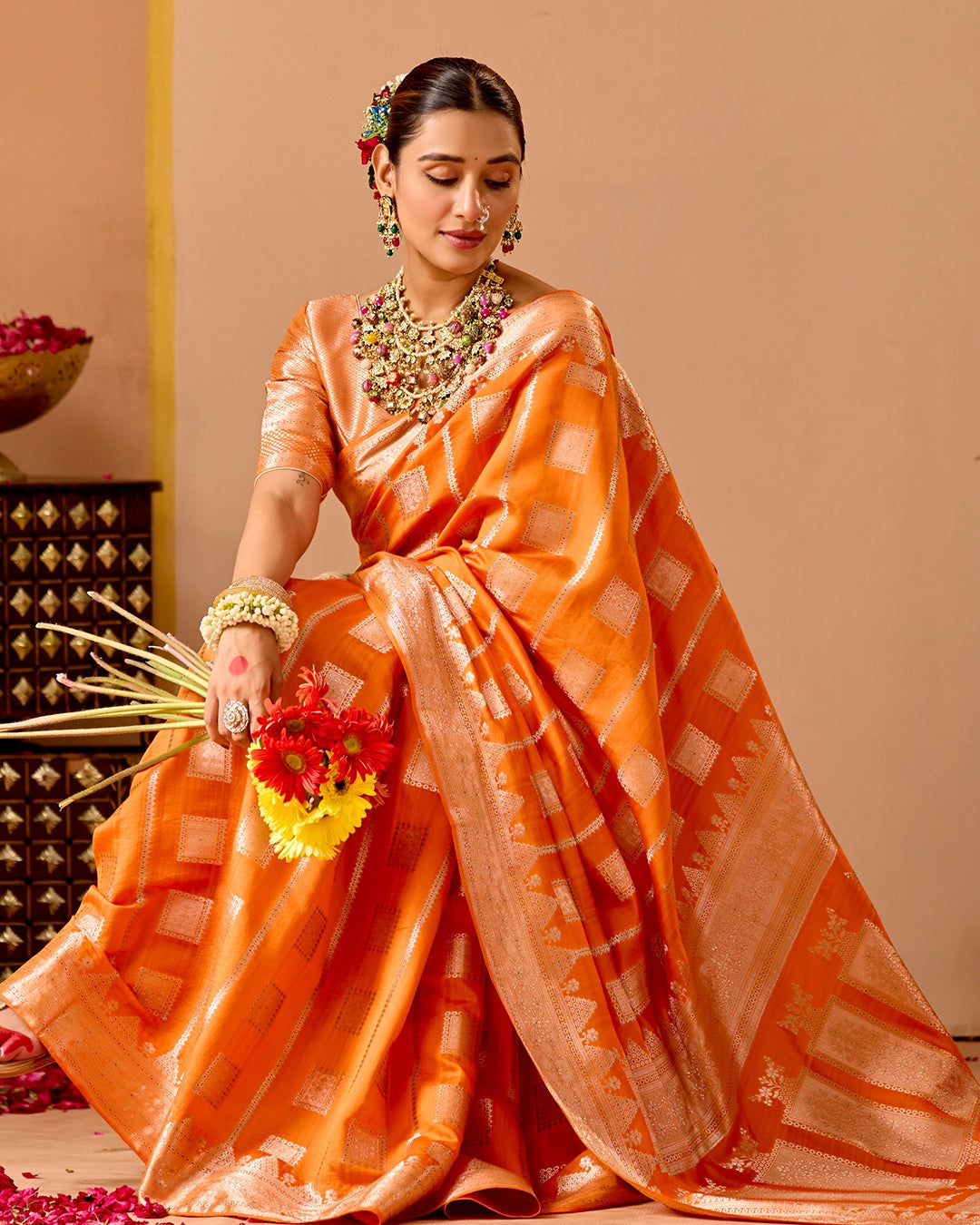 Orange Banarasi Saree with Regal Geometric Zari Weaves