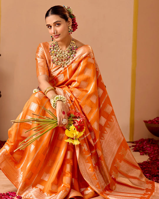 Orange Banarasi Saree with Regal Geometric Zari Weaves