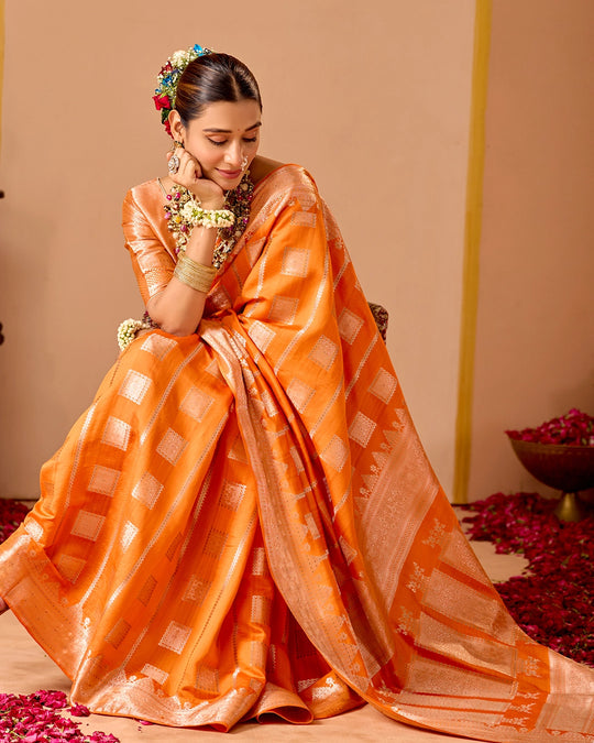 Orange Banarasi Saree with Regal Geometric Zari Weaves