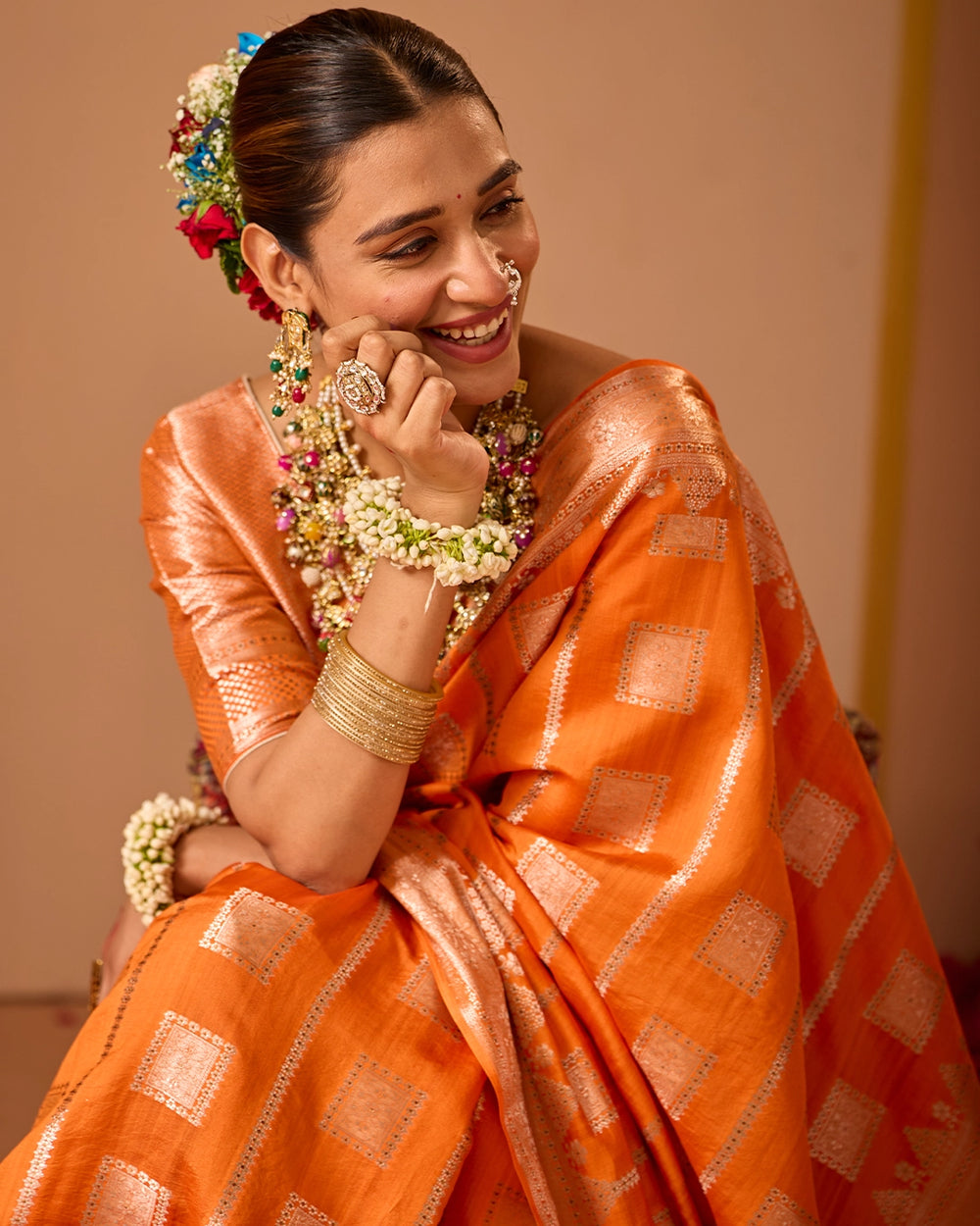 Orange Banarasi Saree with Regal Geometric Zari Weaves