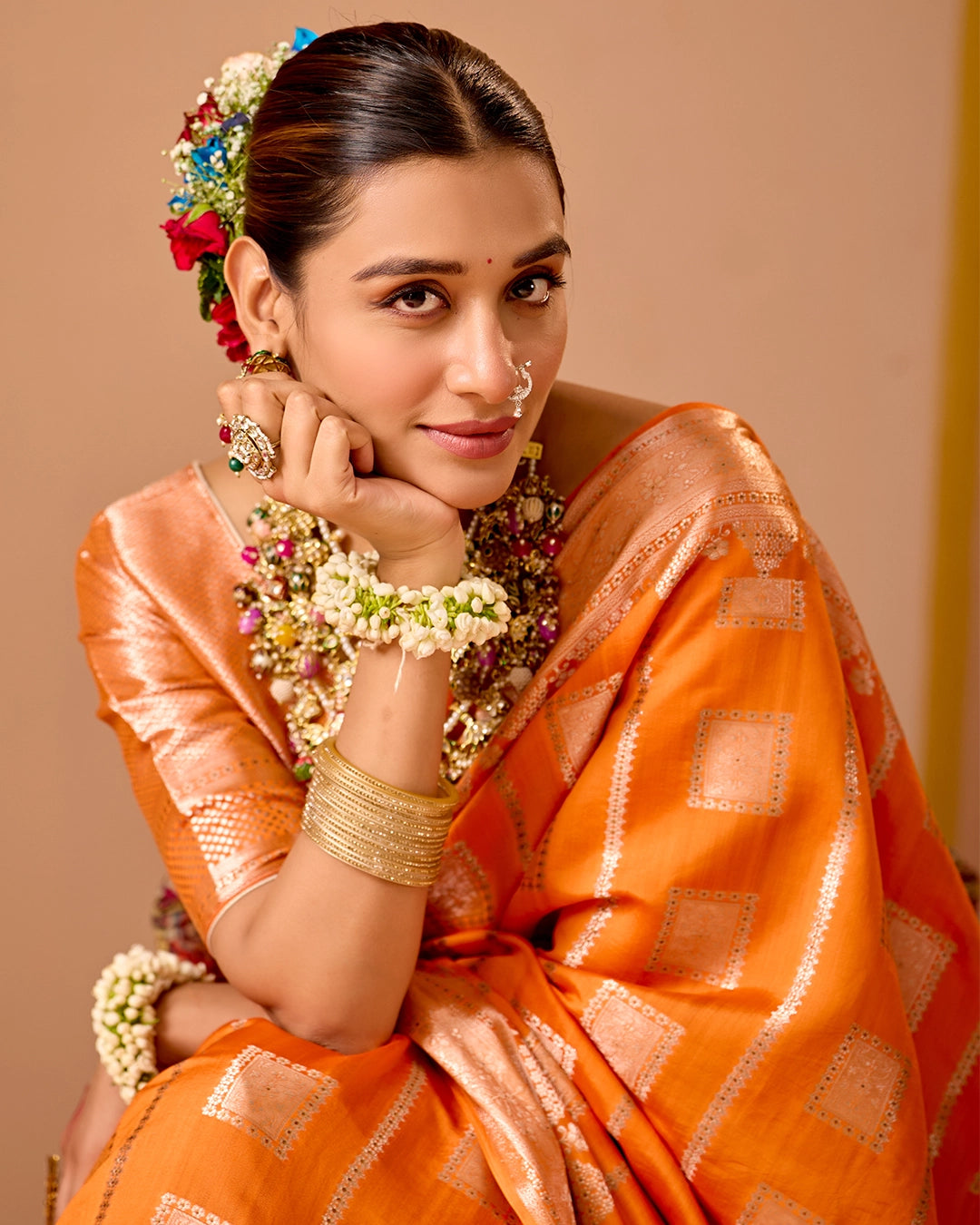 Orange Banarasi Saree with Regal Geometric Zari Weaves
